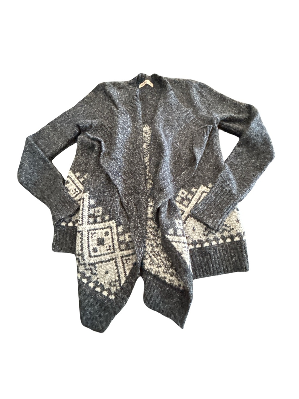 Hollister Open Front Drape Fair Isle Knit Cardigan Sweater Small Blue/White Boho
